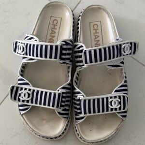 Chanel Printed Calfskin Velcro Dad Flat Mules Sandals Blue Stripe 38 EU / 8 US